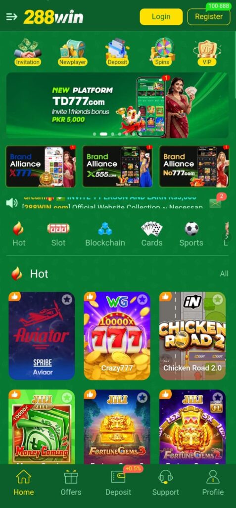 288Win Game mobile casino app dashboard