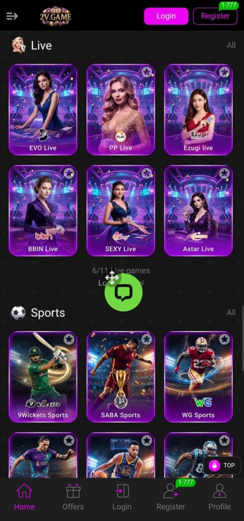 2V Game categories includes slots, live casino, card games, fishing games, sports, and real cash games.