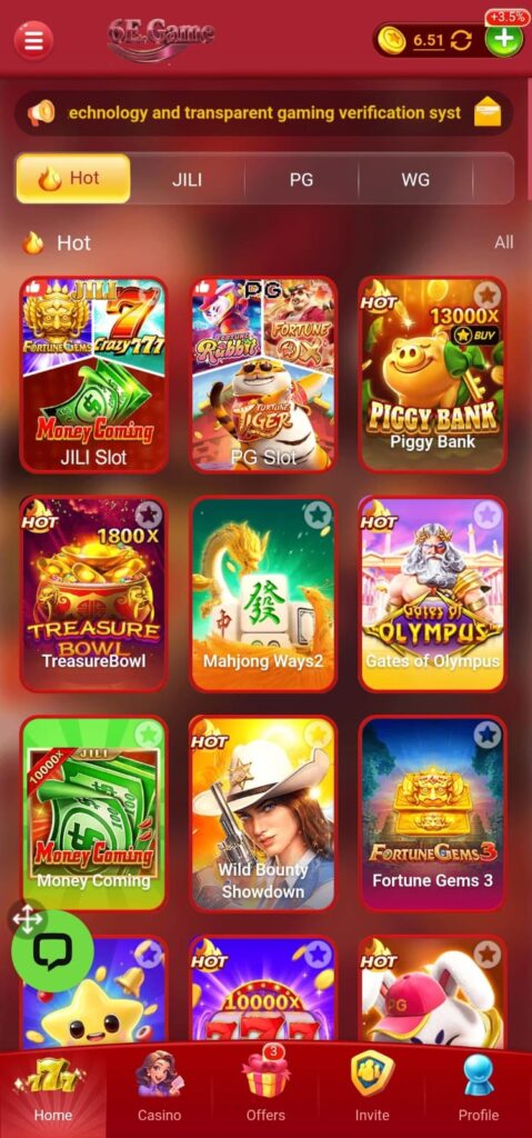 6E Game 2026 homepage dashboard with login and trending and latest casino games