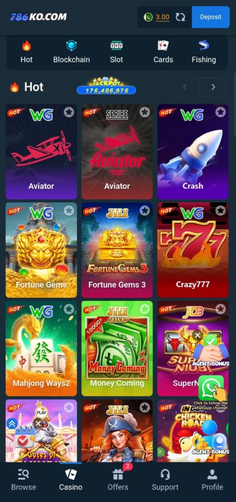 786 KO Game casino app includes  slots, live casino, card games and real money betting games etc.