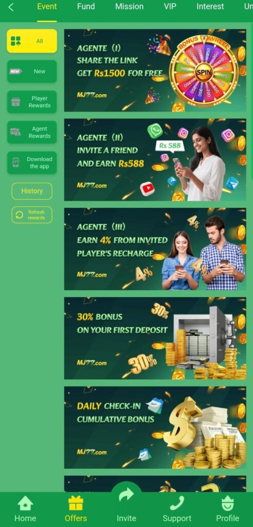 MJ77 Game features a free lucky spin. 1500 PKR cashback