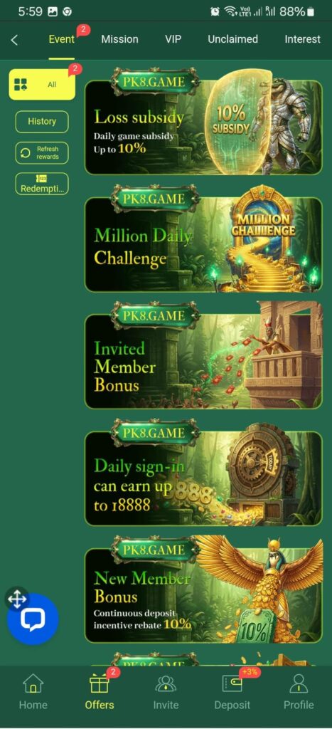 PK8 Game features like 5000 cashback, bonuese and rewards