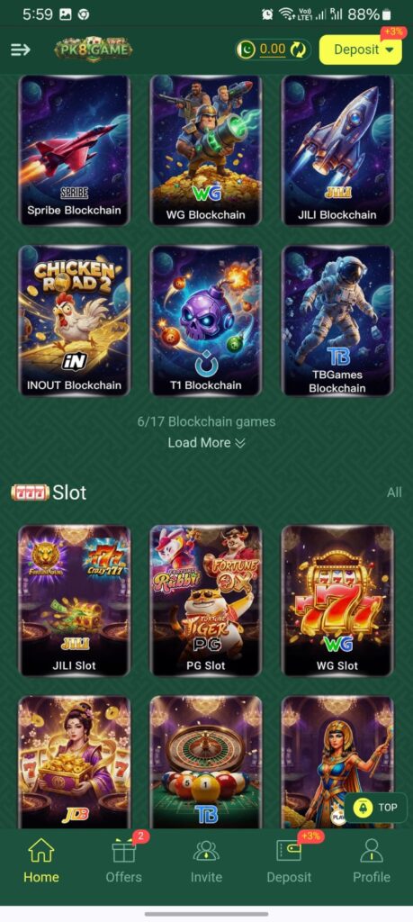 PK8 Game- game categories like slots, cards games, live casino tables, teen patti, poker etc.