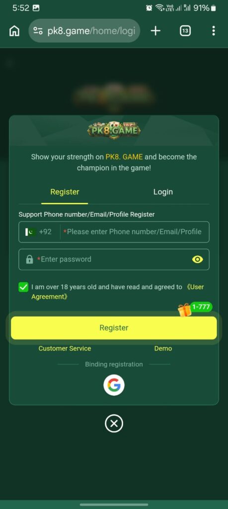 PK8 Game registration page with 500 reward for new users