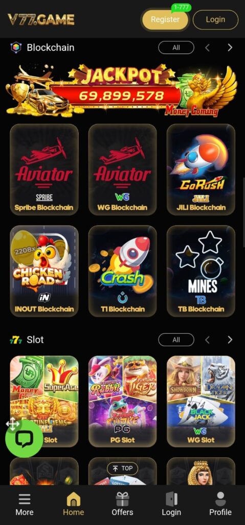 V77 Game casino app dashboard showing games, balance,bonuses, rewards, and quick menu options