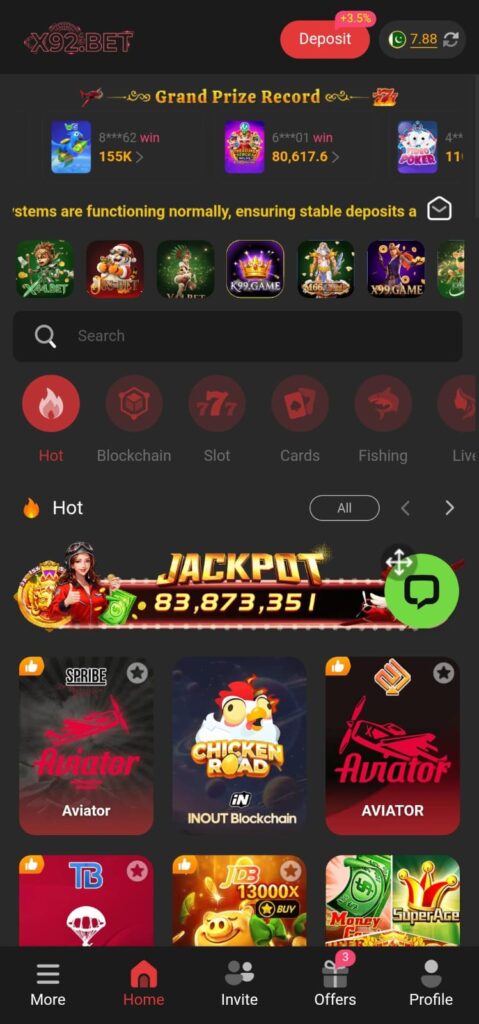 X92 Game Bet mobile casino app dashboard on an Android phone for Pakistani users