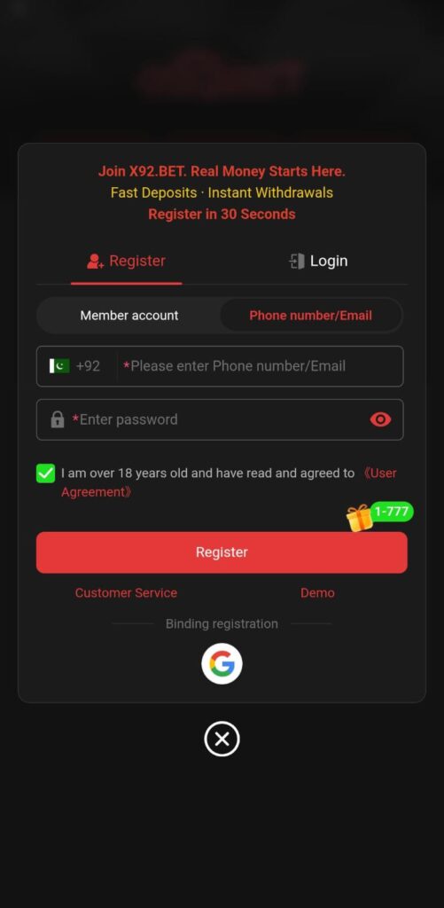 X92 Game VIP registration using mobile number for Pakistani players