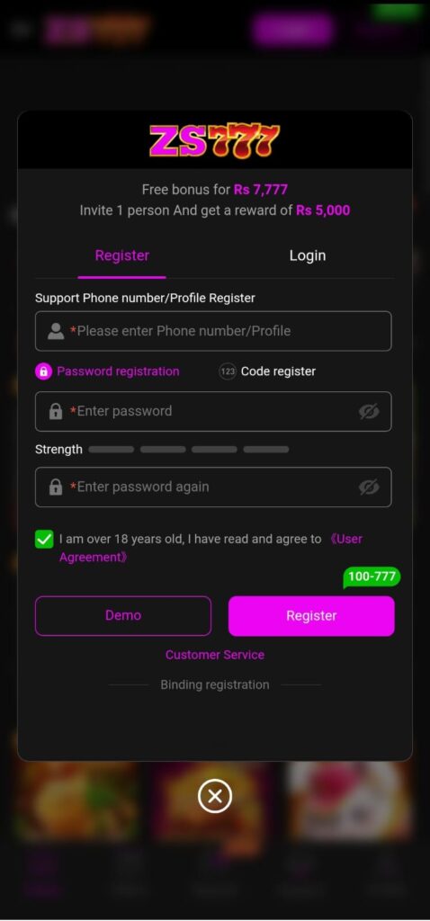 ZS777 Game easy registration process– easy casino app sign-up for Pakistan user”