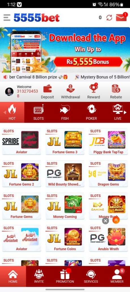 5555pk2 Game app dashboard with real money games and a wallet balance system